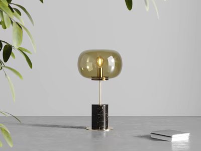 Modern Amber Glass Table Lamp With Brass Stand Black Marble Base And Green Leaves 3d model