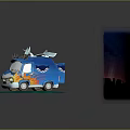 Commercial Equipment Vehicle Model With City Night Moon Clouds And Eiffel Tower On Green Platform