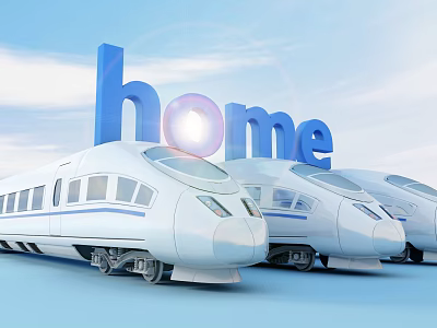 High Speed Trains Parked With Large Home Sign Under Blue Sky And Sunlight 3d model