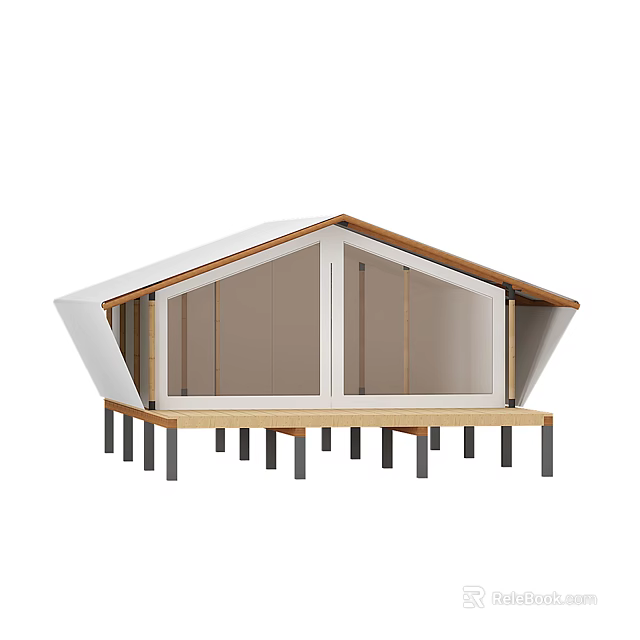 Modern Wooden House With Large Glass Windows White Roof And Elevated Platform 3d model 