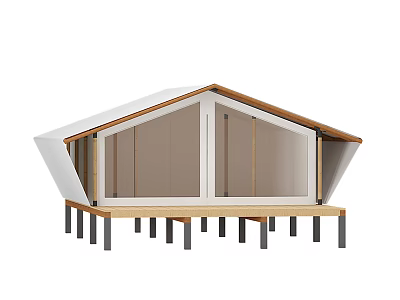 Modern Wooden House With Large Glass Windows White Roof And Elevated Platform 3d model