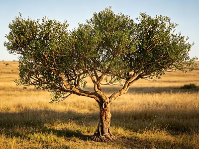 Single Arbor Tree in Open Grassland with Golden Sunset Light and Lush Foliage 3d model