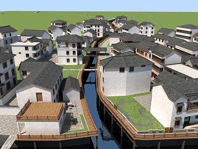 Traditional Water Town Architecture With White Walls Black Tiles And Small Bridges 3d model