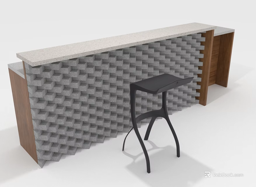 Modern Bar Counter Furniture With Gray Grid Patterned Wall Light Top And Black Stool 3d model 
