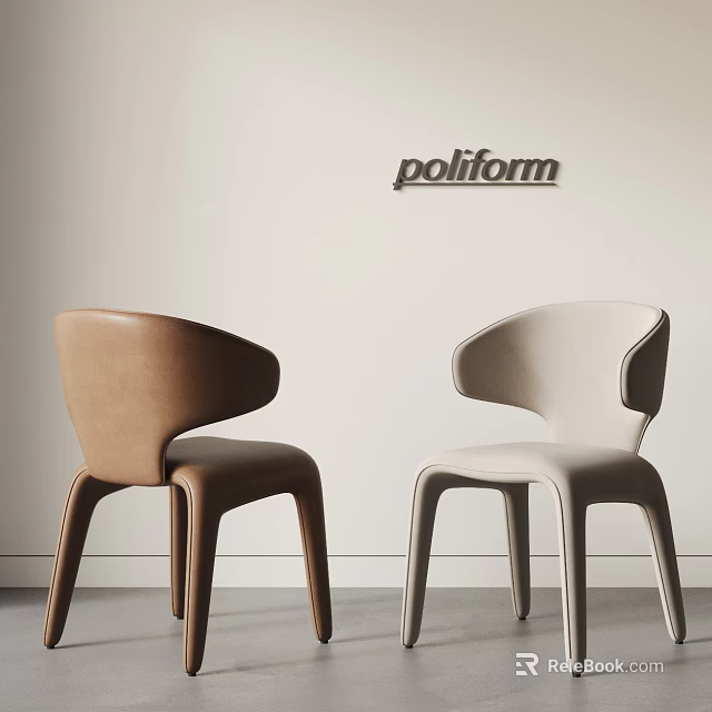 Poliform Modern Leather Dining Chairs With Brown And Beige Curved Back Design 3d model 