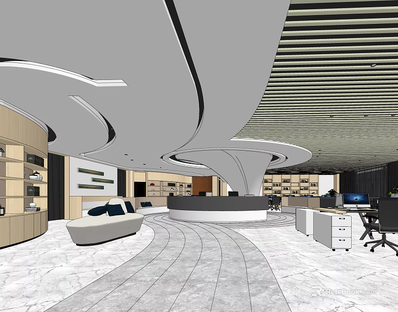 Modern Store Front Desk Area With Curved Ceiling Sofa Display Shelves And Marble Floor 3d model 