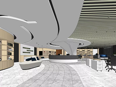 Modern Store Front Desk Area With Curved Ceiling Sofa Display Shelves And Marble Floor 3d model