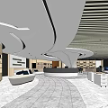 Modern Store Front Desk Area With Curved Ceiling Sofa Display Shelves And Marble Floor