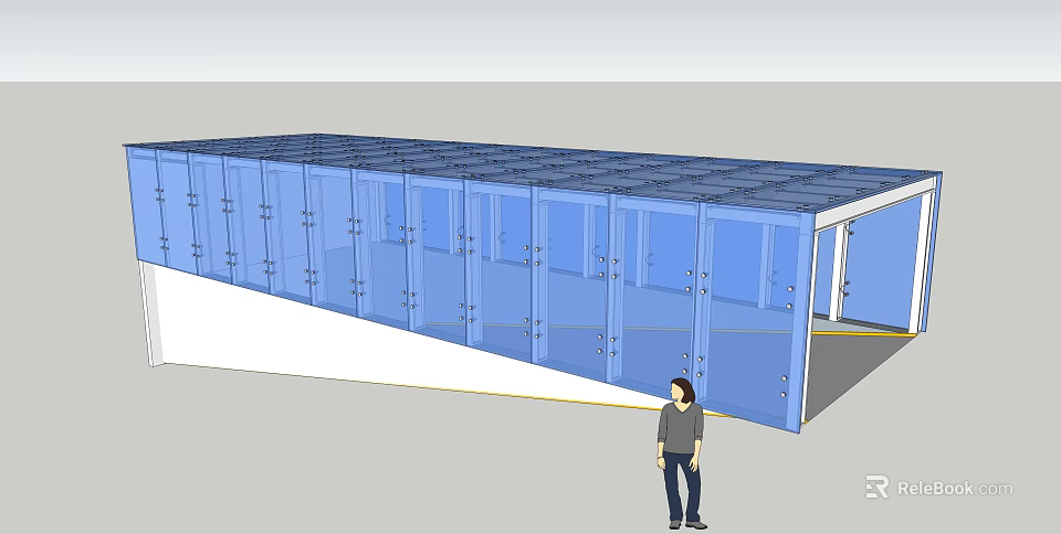 Blue Glass Structure With Transparent Panels And Human Figure For Scale 3d model 