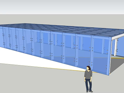 Blue Glass Structure With Transparent Panels And Human Figure For Scale 3d model