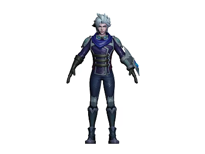 Silver White Haired Warrior Character In Dark Combat Suit With Blue Accents And Wrist Guards 3d model