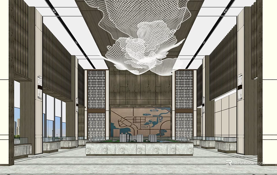 Spacious Modern Sales Office Interior With Ceiling Art Feature Wall And Display Areas 3d model