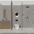 Modern Bathroom Interior With Wooden Vanity Glass Partition Toilet And Shower Area