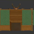 Cozy Wooden Library Nook Interior With Bookshelves Deer Head Red Armchair And Fireplace
