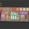 Miniature Model Street Scene With Orange Buildings Colorful Awnings Street Lamps Tables And Chairs