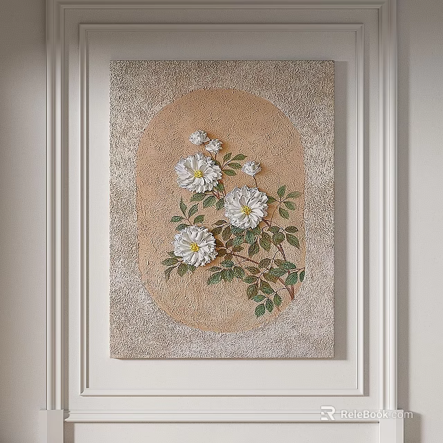 Decorative Wall Painting With White Flowers Green Leaves And Beige Background 3d model 