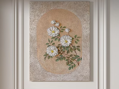 Decorative Wall Painting With White Flowers Green Leaves And Beige Background 3d model