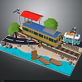 Modern Scene With Yellow Blue Train Bus Railway Track Level Crossing Building Trees And Boats
