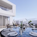 Detached Villa with White Architecture Outdoor Courtyard and Outdoor Furniture Green Plants