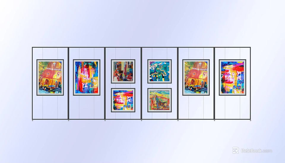 Colorful Abstract Artworks Using Musical Instrument Art Supplies on White Display Panels 3d model 