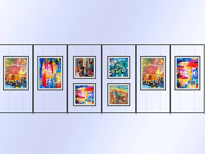 Colorful Abstract Artworks Using Musical Instrument Art Supplies on White Display Panels 3d model