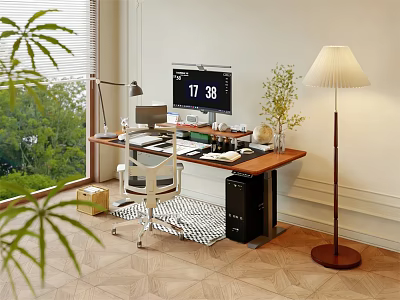 Modern Home Office Desk with Computer Monitor Chair Floor Lamp and Green View 3d model