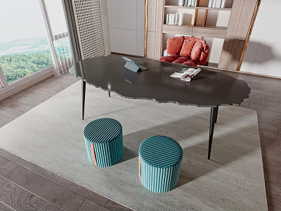 Black Desk With Irregular Edge Green Striped Stools Book And Tablet By Window 3d model