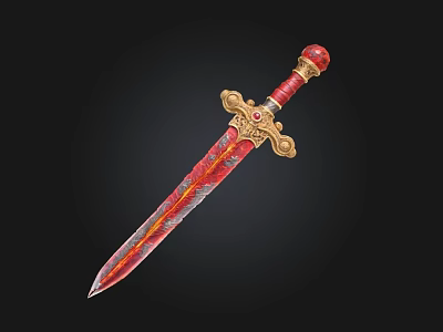 Ornate Red And Gold Decorated Sword With Intricate Hilt And Gemstone Accents 3d model