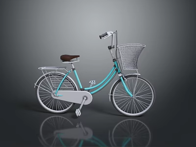 Stylish Light Blue Bicycle Featuring Wire Basket And Brown Seat Classic Design 3d model