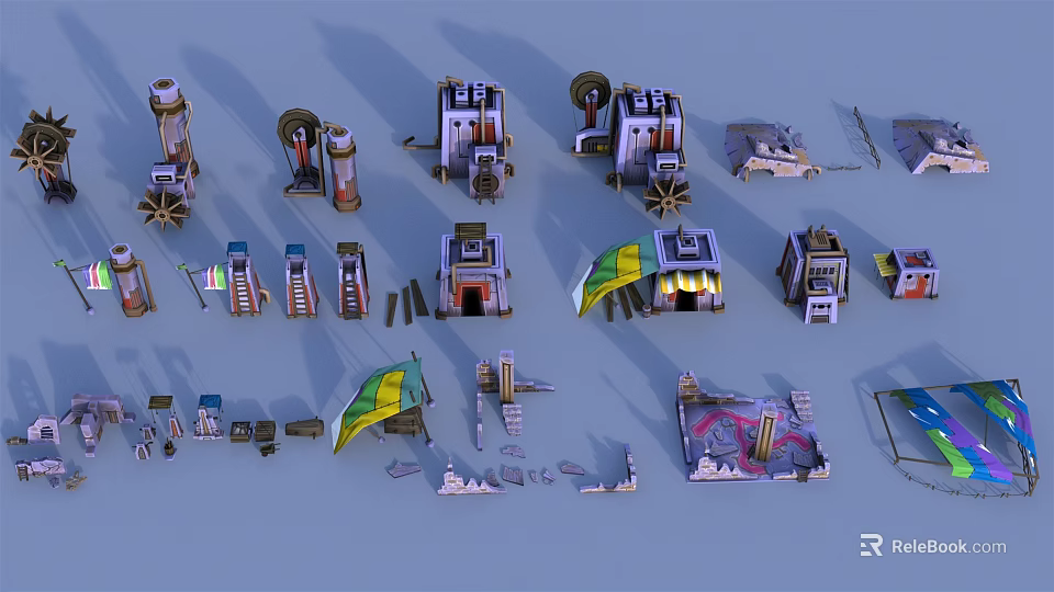 Cartoon Scene With Various Buildings Towers And Decorative Umbrella Structures 3d model 