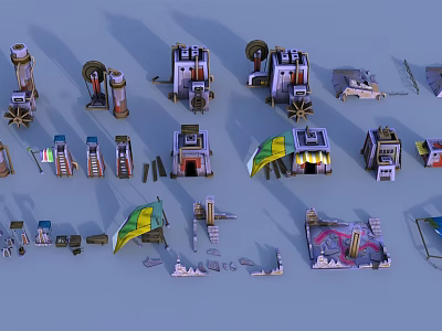 Cartoon Scene With Various Buildings Towers And Decorative Umbrella Structures 3d model