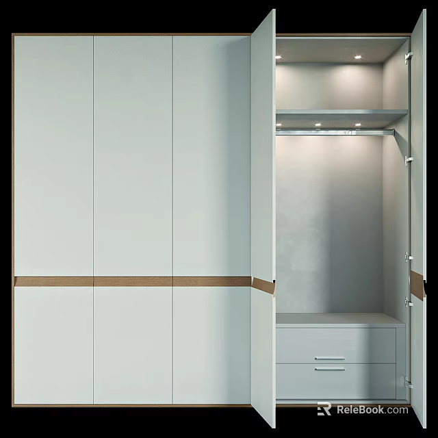 Modern Wardrobe Design With White Doors Wooden Trim Interior Lighting And Drawers 3d model 