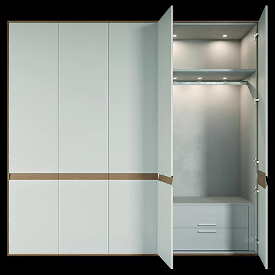 Modern Wardrobe Design With White Doors Wooden Trim Interior Lighting And Drawers 3d model