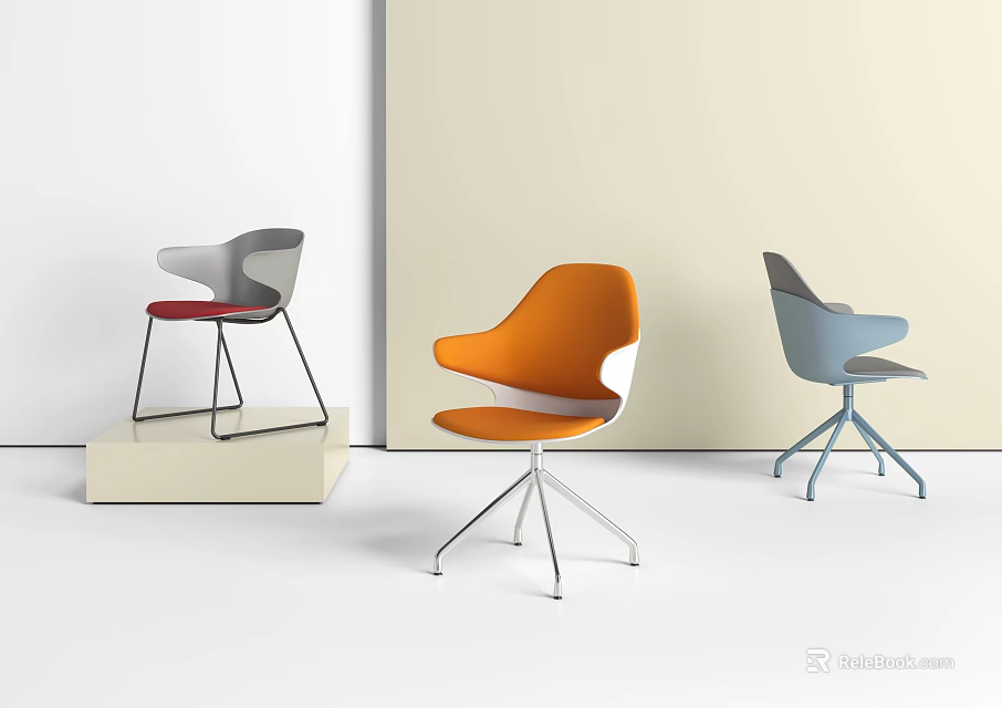 Modern Office Chairs In Orange Gray Blue With Sleek Backrest Armrest And Metal Base 3d model 