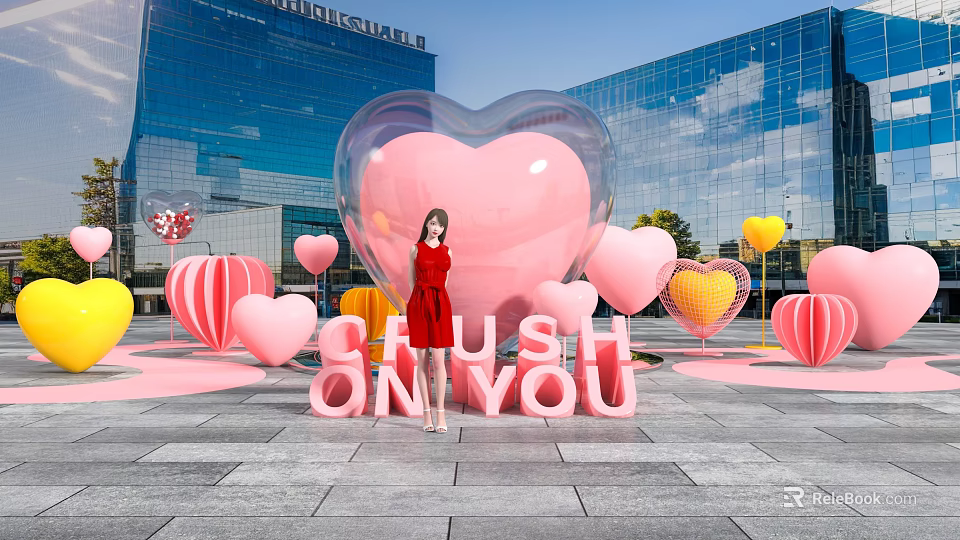 Trendy Photo Spot with Giant Pink Heart Balloon CRUSH ON YOU Letters and Colorful Decorations 3d model 