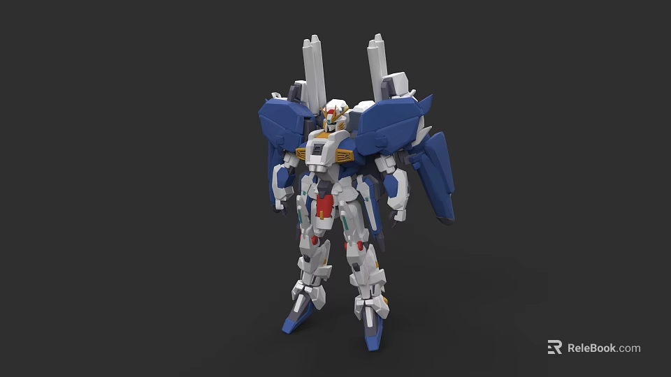 Game Movie Character Blue White Mech Robot With Mechanical Wings And Yellow Red Accents 3d model 