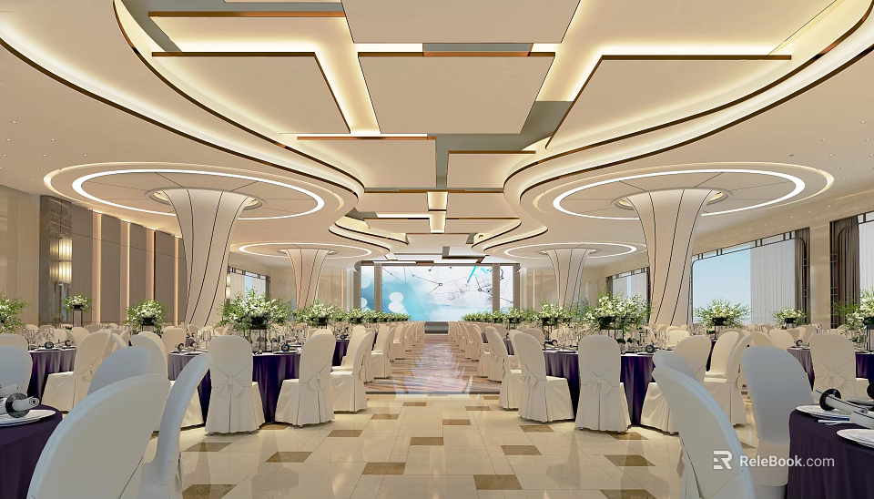 Luxurious Banquet Hall Interior With Modern Ceiling Design White Chairs Purple Tablecloths And Marble Floor Decorative Flowers 3d model 