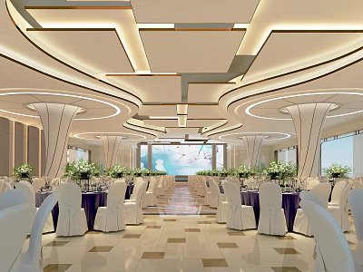Luxurious Banquet Hall Interior With Modern Ceiling Design White Chairs Purple Tablecloths And Marble Floor Decorative Flowers 3d model