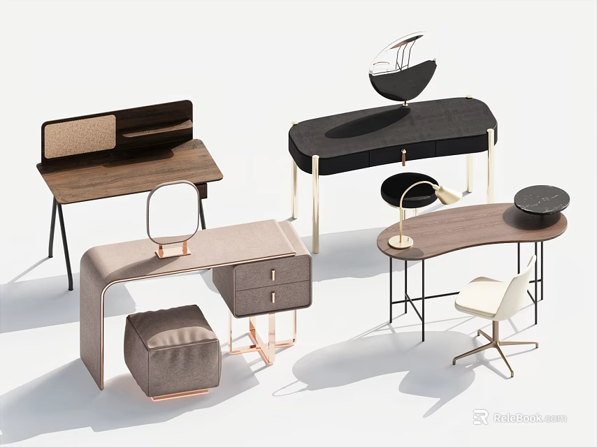 Stylish Modern Dressing Tables With Drawers Mirror Stool And Metal Frame Design 3d model 