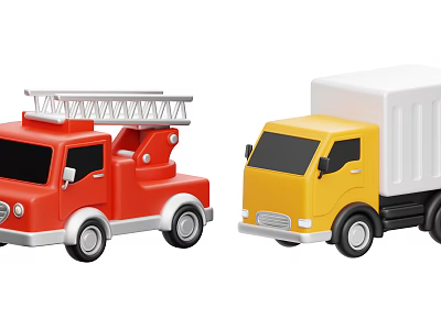 Toy Utility Vehicles With Red Fire Truck Ladder And Yellow Cargo Truck Design 3d model