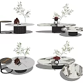 Modern Round Marble Coffee Table With Black Base And Decorative Plants 3d model