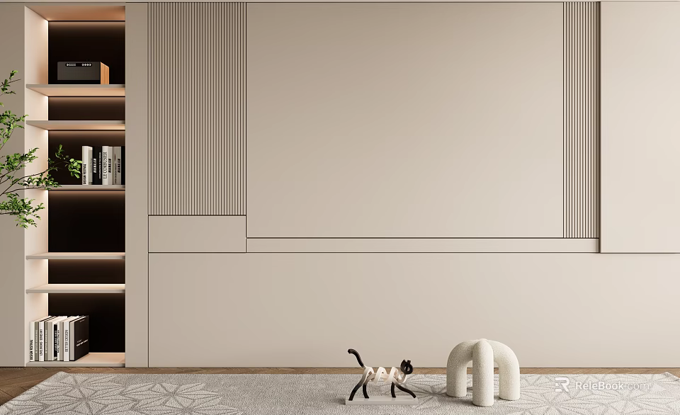 Modern Open Bookcase Interior With Beige Wall Decorative Items And Geometric Rug 3d model 