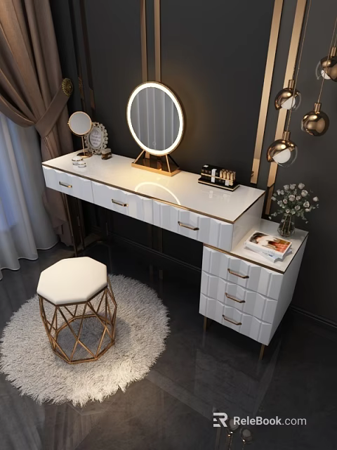 Modern Dressing Table With Round Illuminated Mirror White Countertop Gold Accent Drawers And White Stool 3d model 