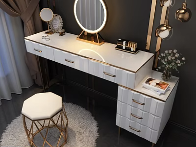 Modern Dressing Table With Round Illuminated Mirror White Countertop Gold Accent Drawers And White Stool 3d model