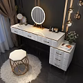 Modern Dressing Table With Round Illuminated Mirror White Countertop Gold Accent Drawers And White Stool