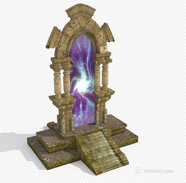 Ancient Stone Archway With Carved Columns And Stone Steps Against Starry Nebula 3d model 