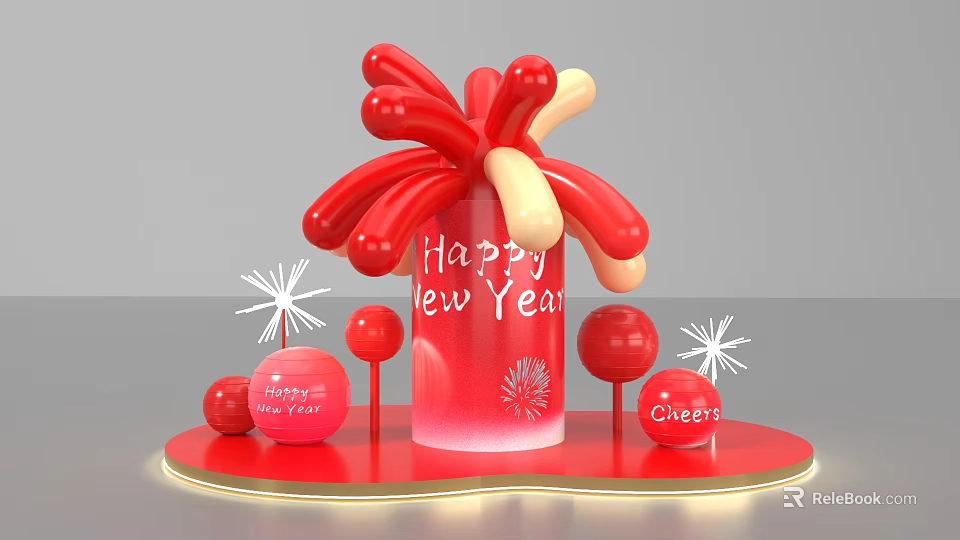 New Year Photo Spot With Red Balloon Design Happy New Year Sign And Cheers Ornaments 3d model 