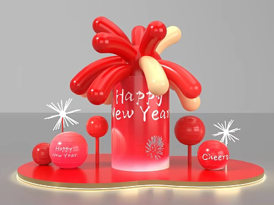 New Year Photo Spot With Red Balloon Design Happy New Year Sign And Cheers Ornaments 3d model
