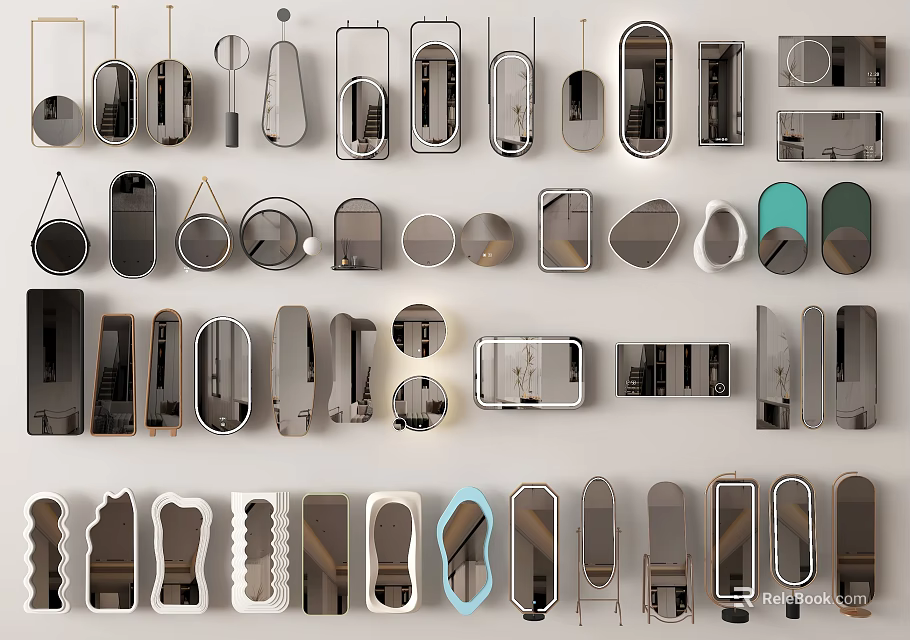 An Array Of Stylish Mirrors With Diverse Shapes And Designs 3d model