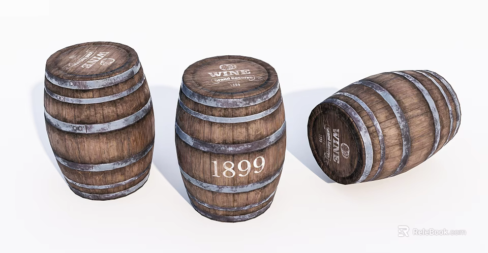 Vintage Wooden Wine Barrels With 1899 Label For Household Storage And Decor 3d model 